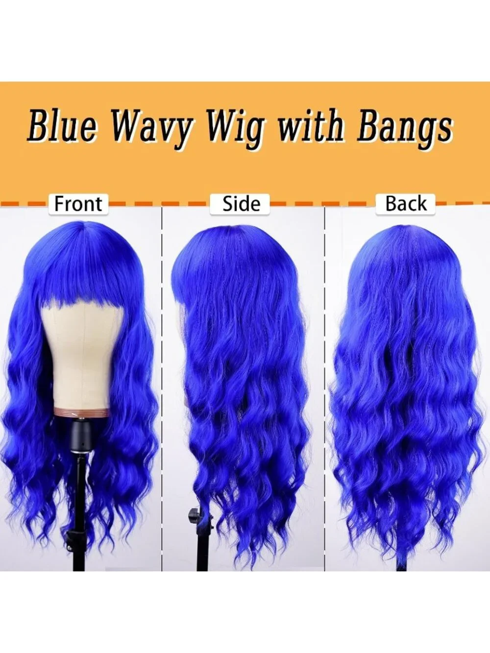 Women's Blue 26 Inch Natural Looking Synthetic Fiber Long Wavy Wigs Bangs